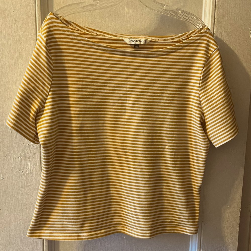 white-and-yellow-striped Royal Monk tee